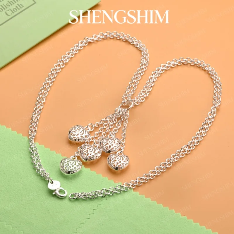 SHENGSHIM 925 Sterling Silver Openwork Heart Pendant Tassels Necklace For Men Women Fashion Jewelry Engagements Party Gift