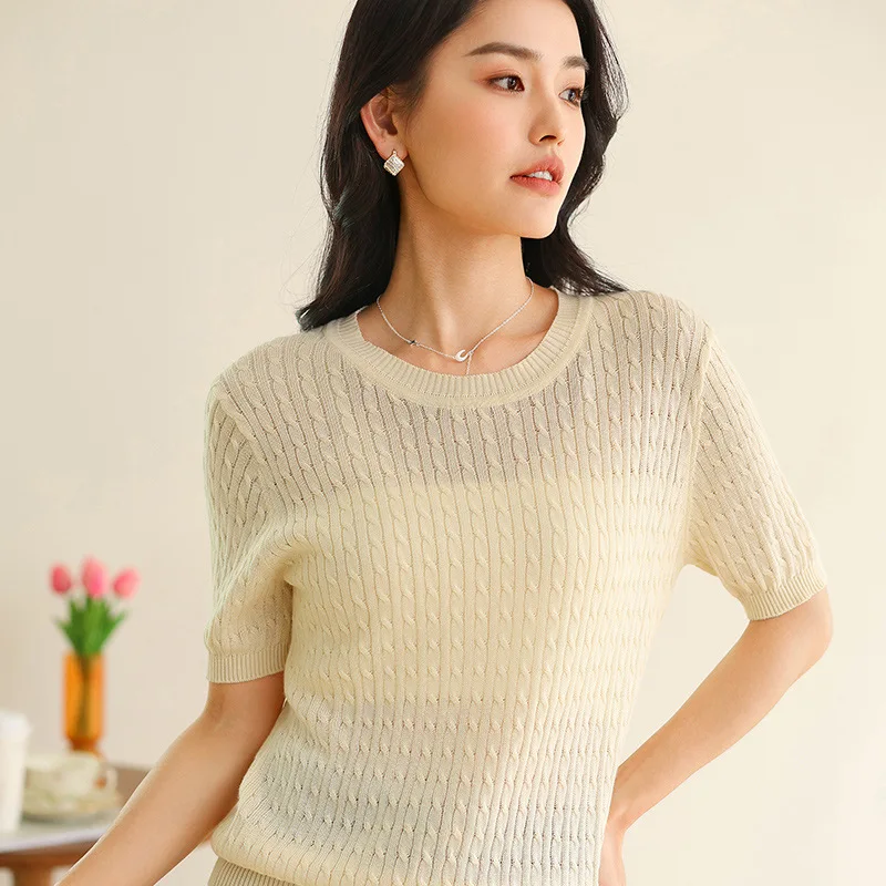 

2024 Cotton Knitwear Short Sleeve Women's Summer Round Neck Twist T T-shirt Women's Spring And Summer Twist Solid Color T-shirt