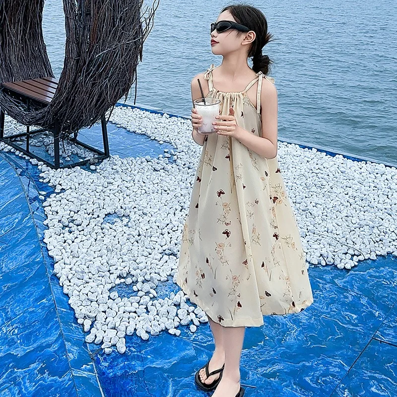 Baby Girl Dress Girls 2024 Summer New Butterfly Slip Dress Big Children Floral Dress A-line Skirt Long Skirt Beach Skirt image 3