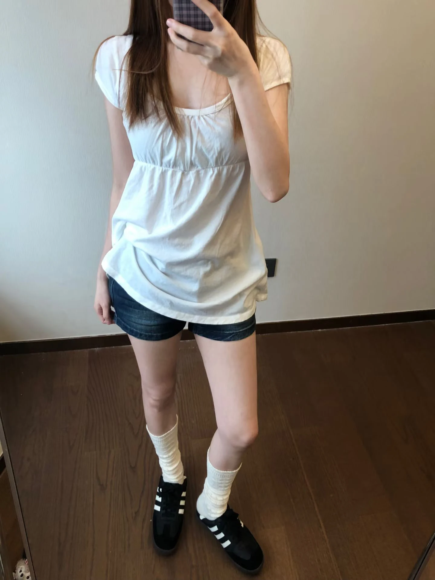 Folds White Long T-shirts Woman Summer U Collar Raw Hem Short Sleeve Tee Tops Female Casual Solid All-match Cotton Tshirts New