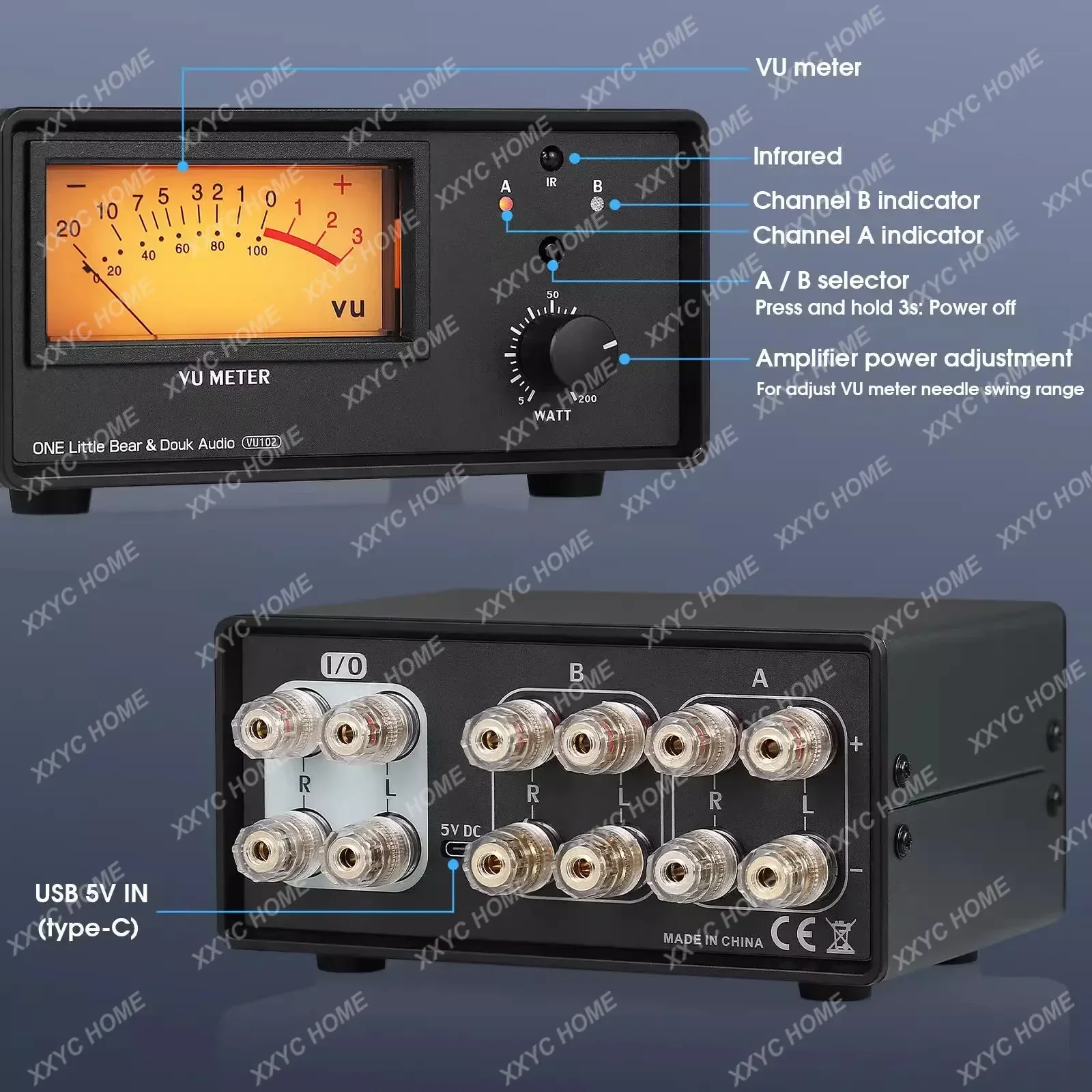 VU102 1-IN-2-OUT Audio Switcher Box 2-IN-1-OUT Selecter for with IR Remote Control VU Meter