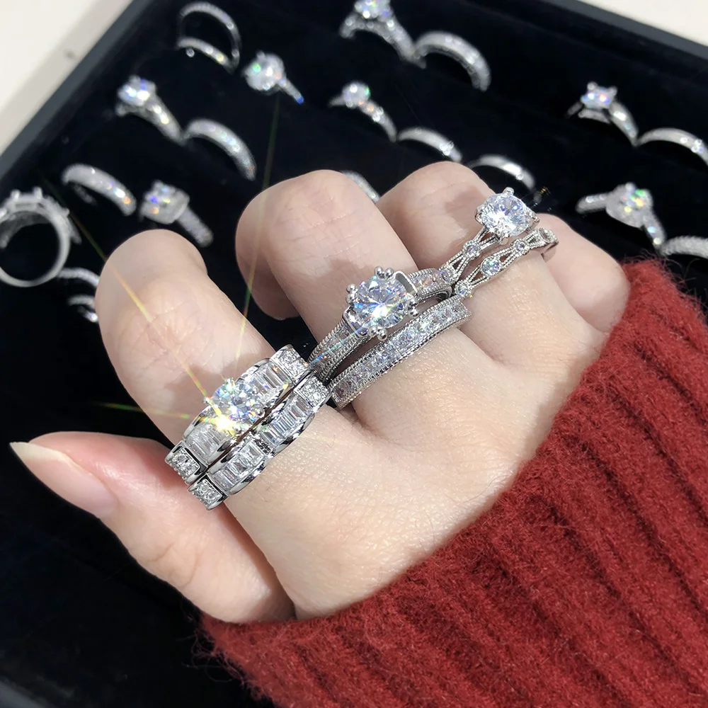 Crystal Promise Ring Set for Women Bridal Silver Color Iced Out Zircon Proposal Marriage Wedding Engagement Ring Trend Jewelry