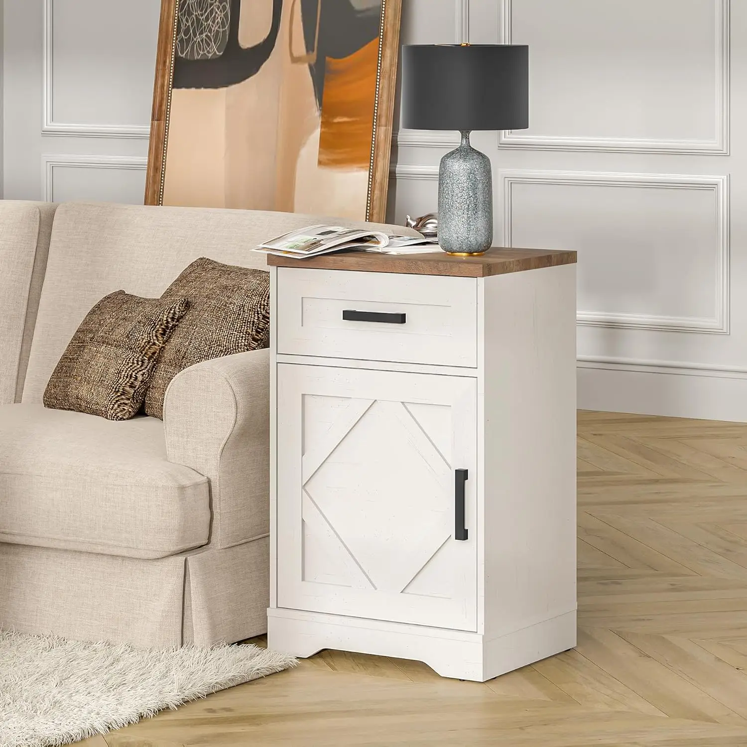 

32"H Rustic End Table with Drawer & Barn Door Adjustable Shelf for Living Room Bedroom Antique White Customized