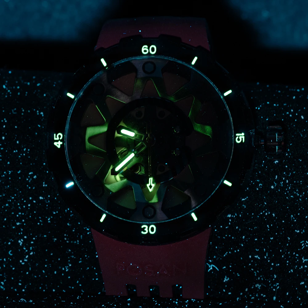 POSAN Hand Winding Timascus Mechanical Sapphire Man นาฬิกาคู่มือ Hollow กันน้ําไทเทเนียม Sipmle นาฬิกาสําหรับชาย PSW-001C