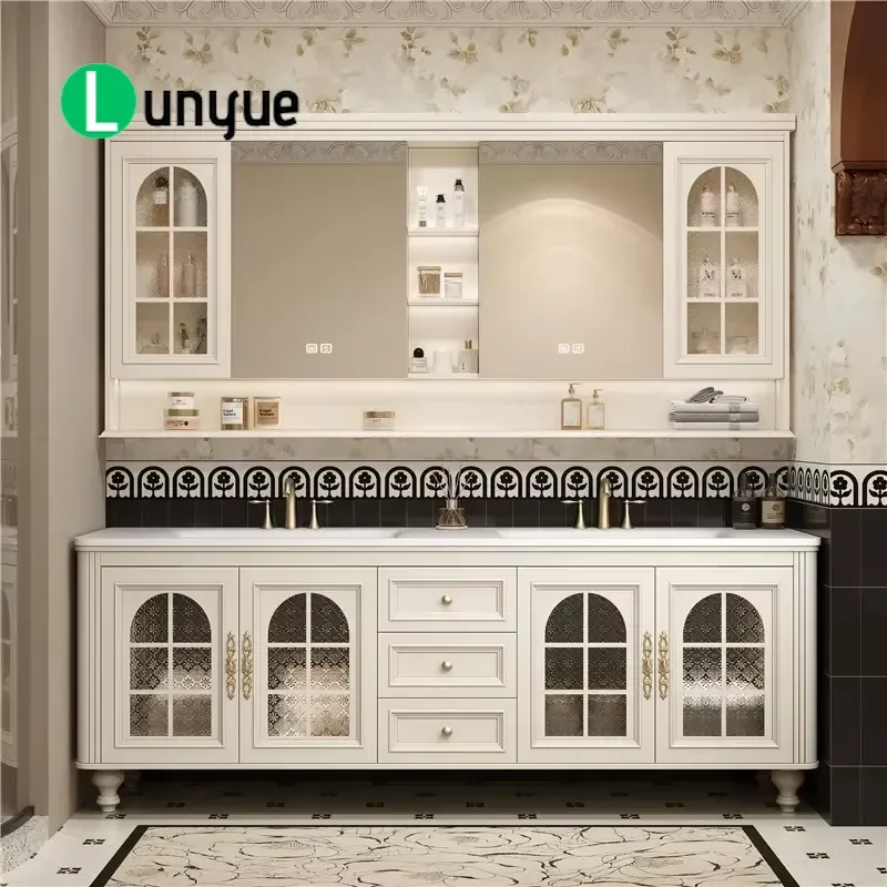 American Retro Double Sink Solid Wood Bathroom Vanity Set French Style Wash Basin Cabinet with Intelligent Defogging for Home