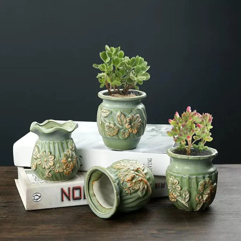 Creative Relief Flower Pattern Plant Pot Coarse Pottery Flowerpot Bonsai Vase Desktop Ornaments Home Garden Decor