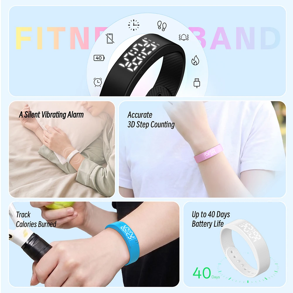 LED Fitness Bracelet Silent Vibration Alarm Clock Smart Wristband 3DPedometer Calorie Distance Tracker USB Charge Students Watch