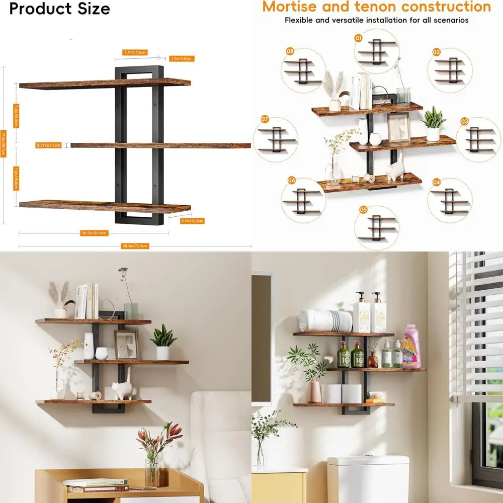 

3-х уровневые деревянные настенные полки — коричневый и черный в деревенском стиле для домашнего декора в ванной комнате, кухне, гостиной