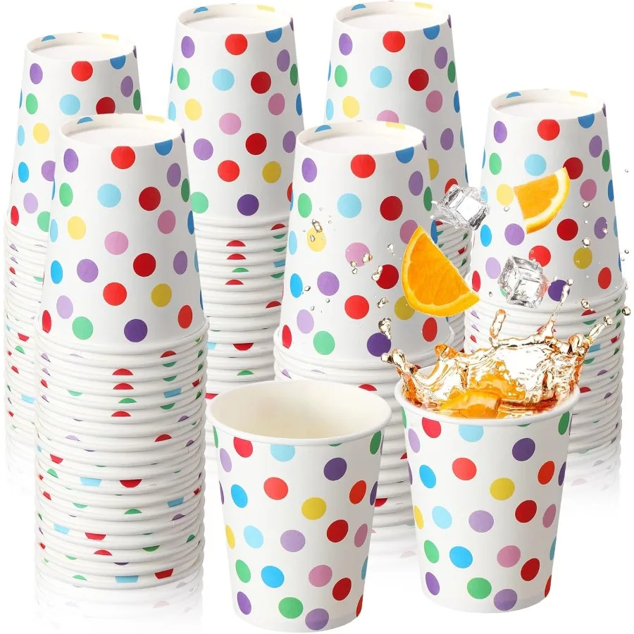 

100 шт. белые радужные красочные одноразовые бумажные стаканчики «Снова в школу» в горошек, 9 унций, кофейная посуда для напитков, оптом для свадьбы Dinne