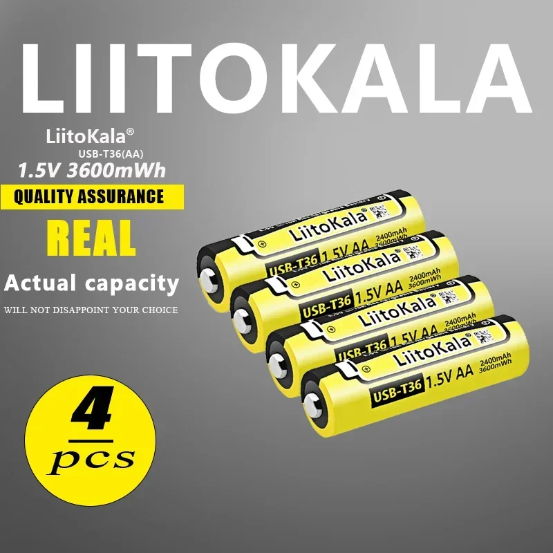 4pcs LiitoKala USB-T36 1.5V AA 3600mWh USB Rechargeable li-ion battery for remote control mouse small fan Electric toy battery