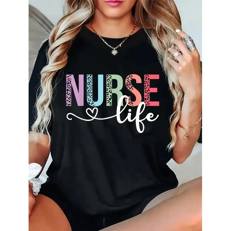 100% Cotton Women Nurse T-Shirt Leopard Print RN LPN CNA Healthcare Apparel for Nurse Week Gift