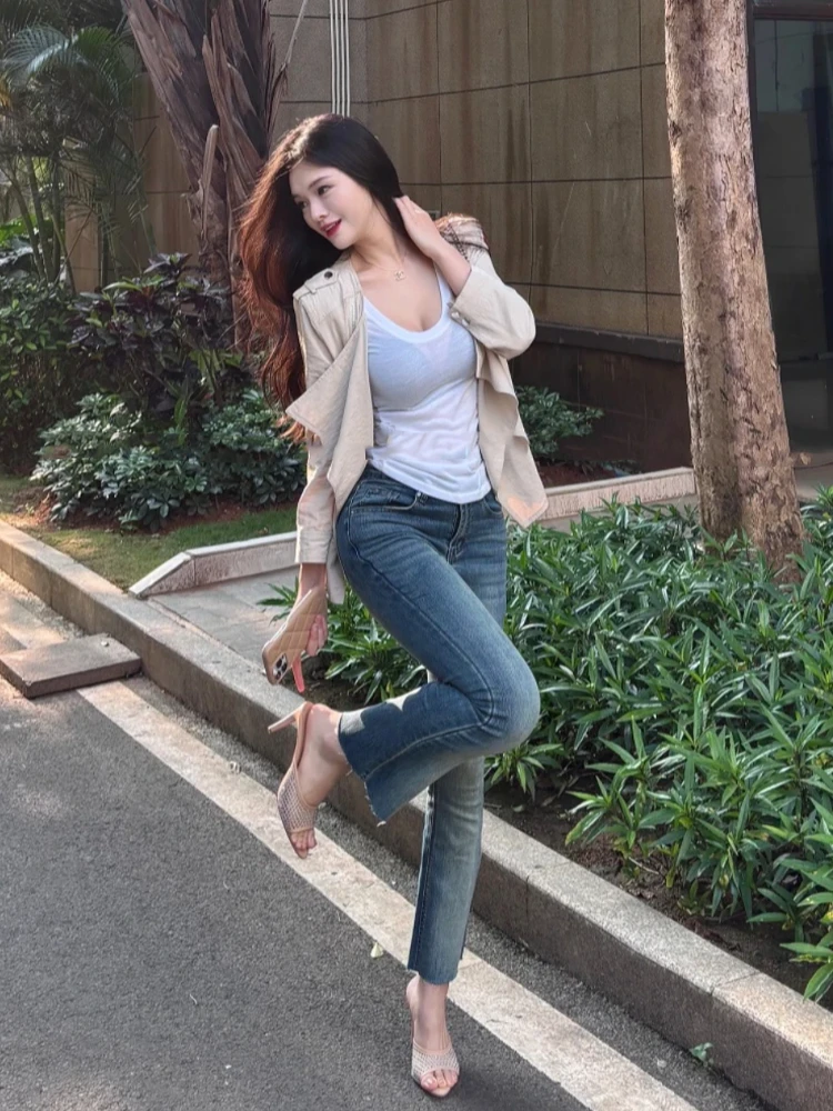 

Retro Waed Blue Denim High Waist Women's Jeans Elastic Slimming Faded Old Sle Hollow out Casual Straight Leg Trousers