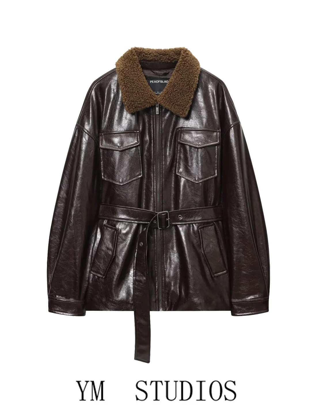 Women's Retro Fur Collar PU Leather Jacket Waist Belt Layered Biker Coat Trendy Long Sleeve Mid-Length Zipper Closure