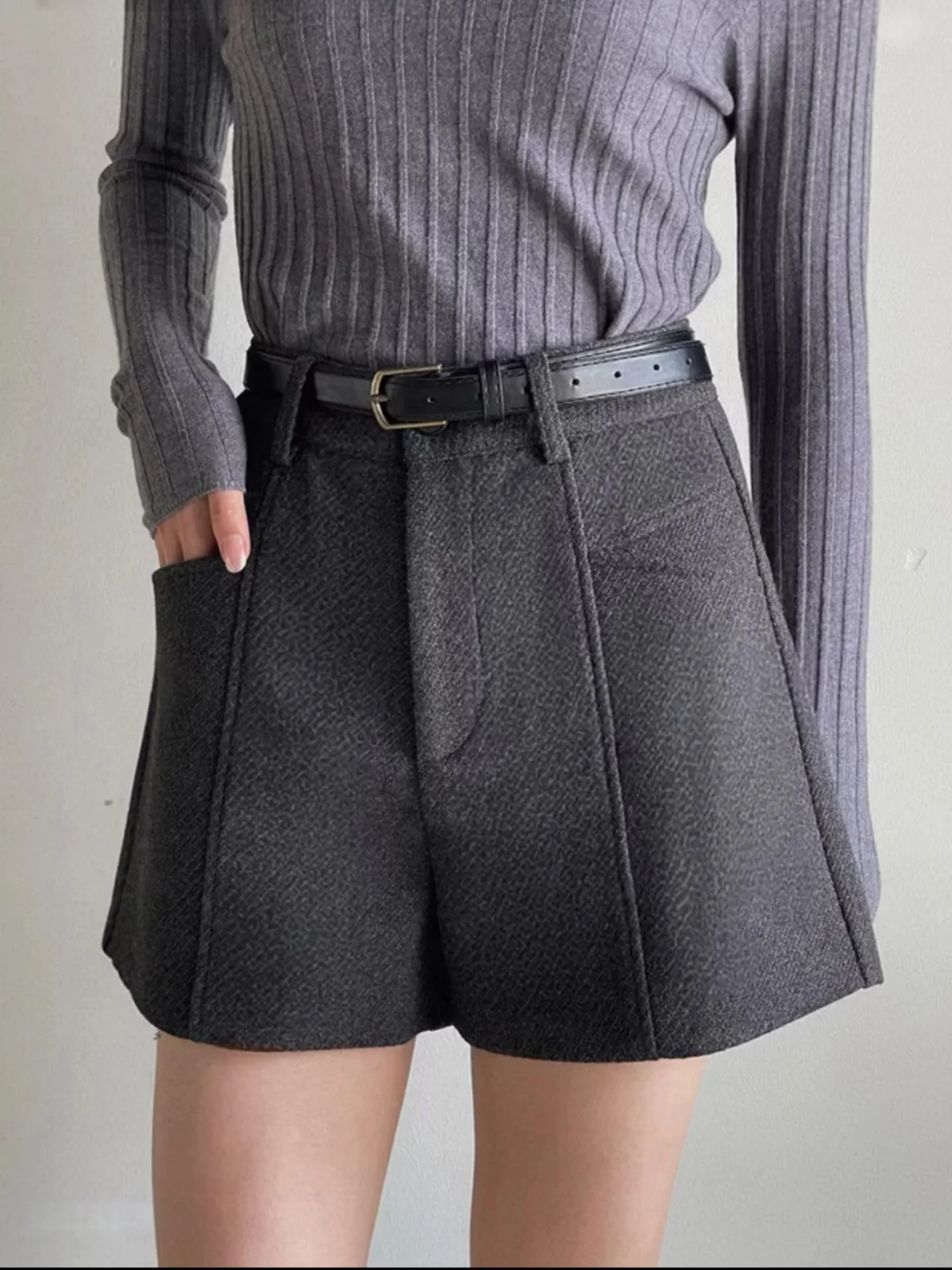 

Весенние утепленные шерстяные шорты-кюлоты для женщин, скрывающие бедра, для фигуры типа «груша», больших размеров, с широкими штанинами, длиной до колена, А-силуэт