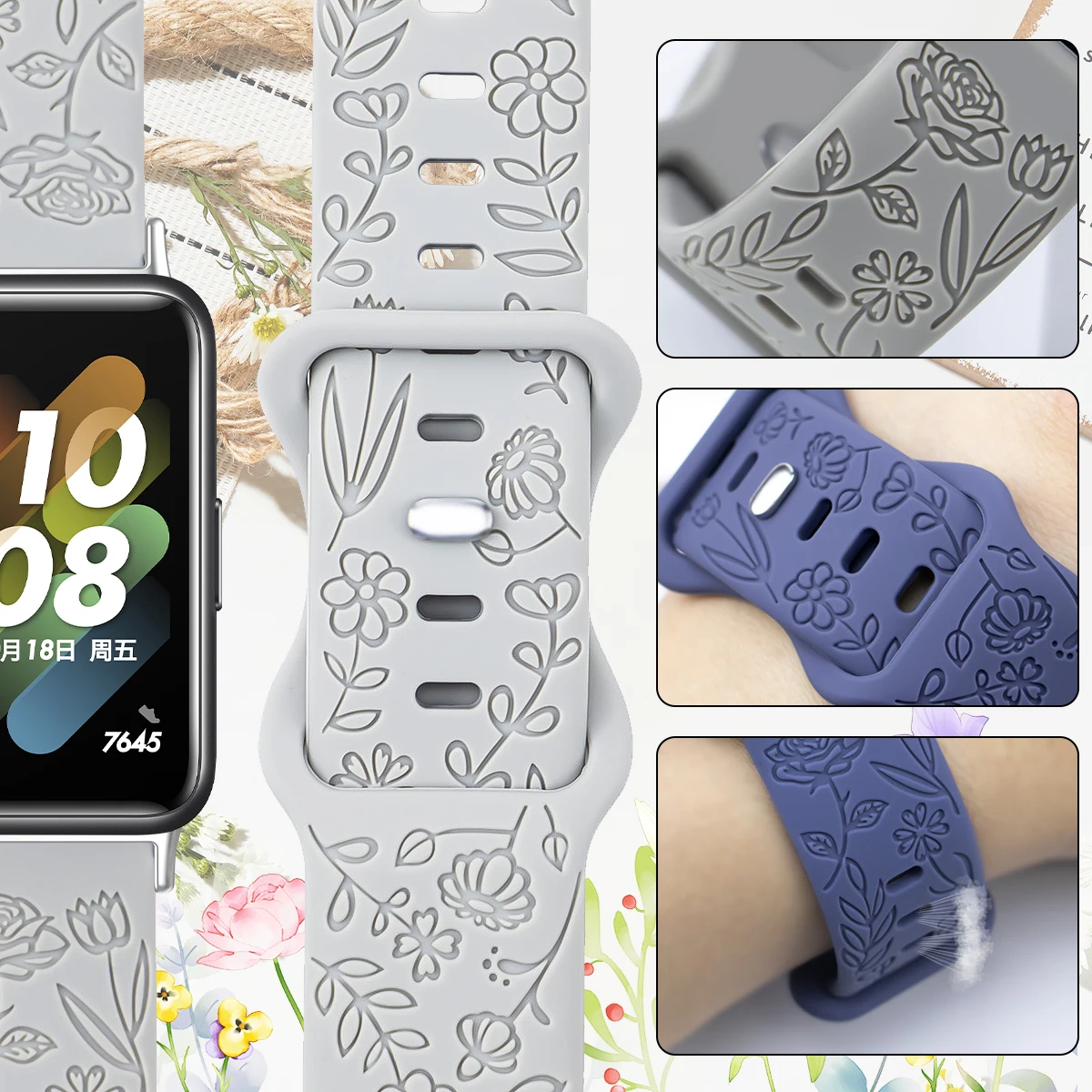 Prints Design Strap for Samsung Galaxy Fit 3 Watch Band Silicone Engraving Bracelet for Samsung Galaxy Fit 3 Floral Wristband