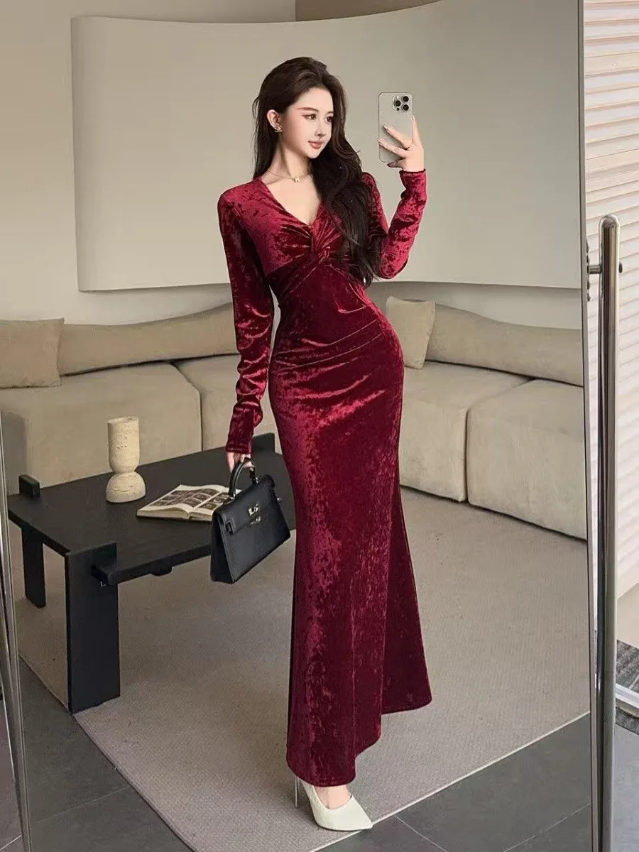 

Hebe Sle Ele Wine Red Velvet Evening Dr Slim Fit V-Ne Fi Tail Gown High Waist Long Sve Floor Length Dr