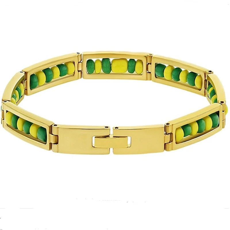 GD New Style Stainless Steel Bracelet with Green and Yellow Orula Beads Wholesale Elegua Gold Plated Bangle for Women\'s Jewelry