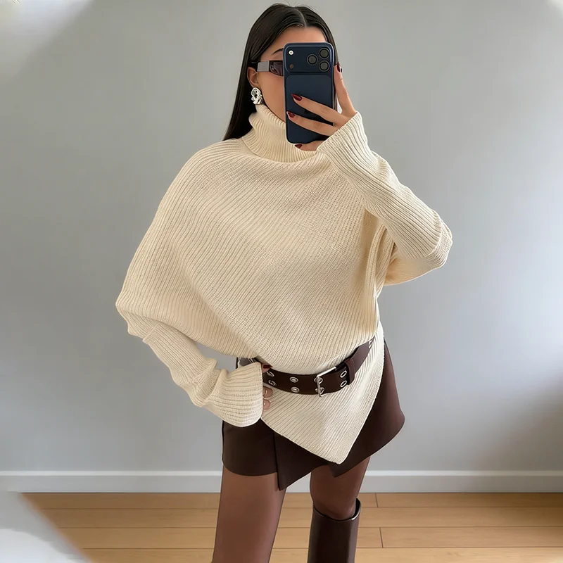 

TARUXY Women's Turtleneck Irregular knit Sweater Spring Autumn New Commuting Solid Long-Sleeved Loose Casual Knitted Pullover