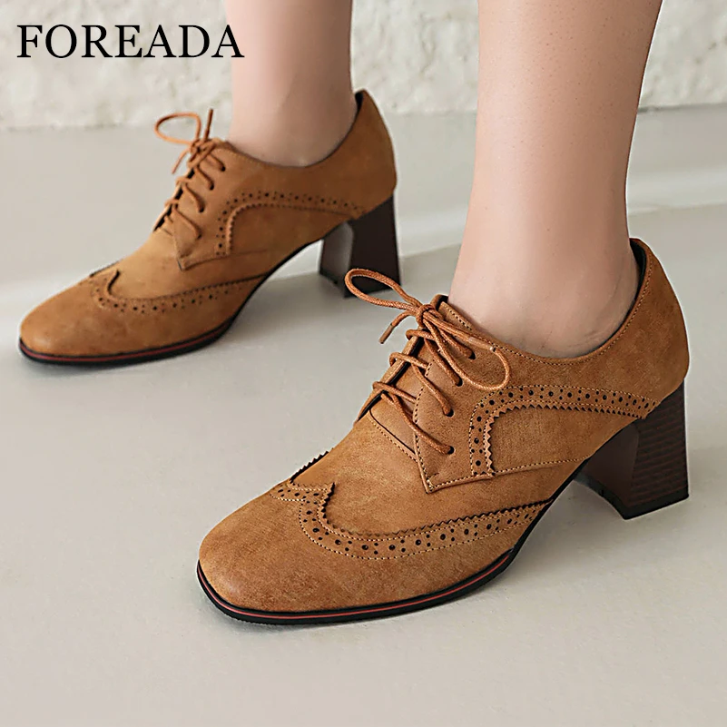 

FOREADA Women PU Leather Pumps Square Toe Chunky High Heels Lace-up Ladies Fashion Shoes Spring Autumn Wine Red Black Camel 43