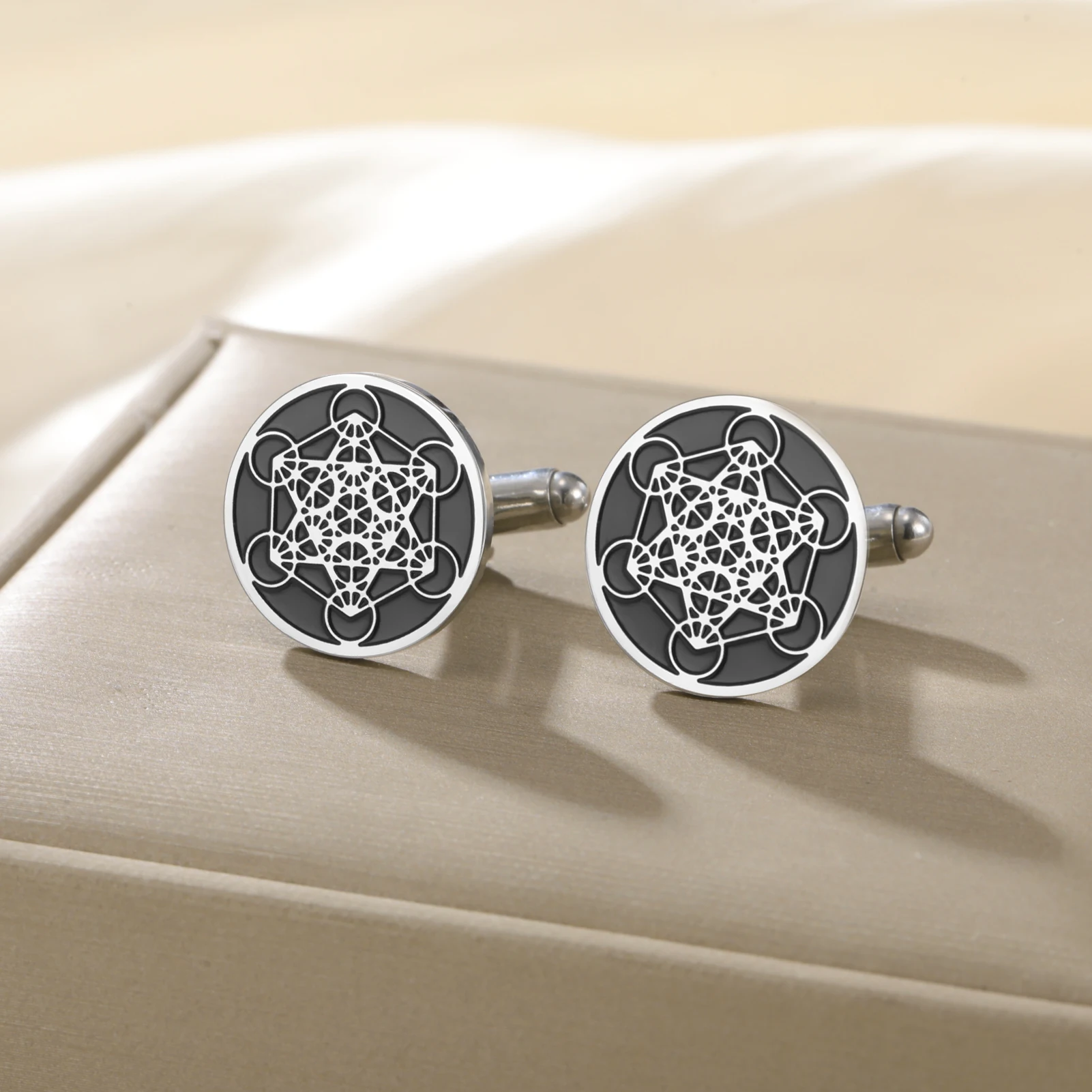 LIKGREAT Metatron Cube Cufflinks for Men Stainless Steel Dress Cuff Links Sacred Geometry Spiritual Protection Talisman Jewelry