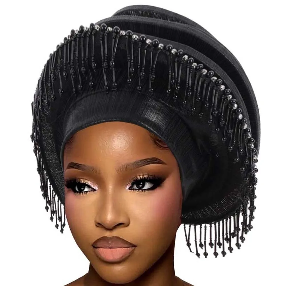 Pleated Bonnet Structured Auto Gele Layered Metallic Beaded Headtie Elastic Tasseled African Turban African Bridesmaid