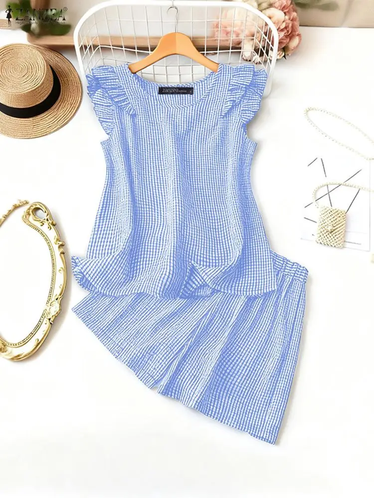 

Стильный маленький комплект из 2 предметов ZANZEA, женская одежда, элегантная блузка без рукавов, короткие комплекты, клетчатый спортивный костюм в клетку, праздничный костюм из 2 предметов