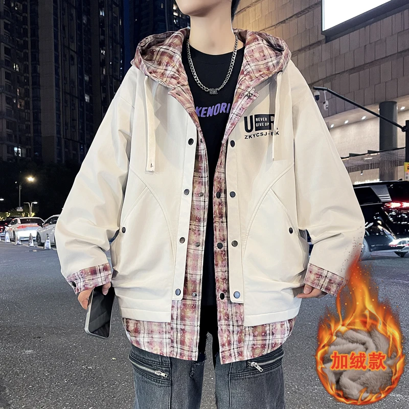 

Молодежные модные куртки с флисовой подкладкой и капюшоном, осень-зима 2025 уличная одежда, свободные плюшевые пальто, мужские повседневные утепленные парки, одежда