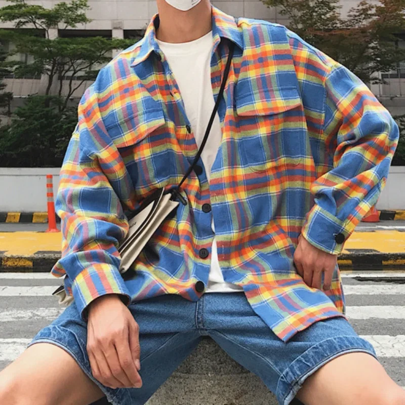 Checkered Shirt Men's Spring American Trend Handsome Streetwear Loose Classic Plaid Vintage Shirt Men's Orange Casual Coat Tops