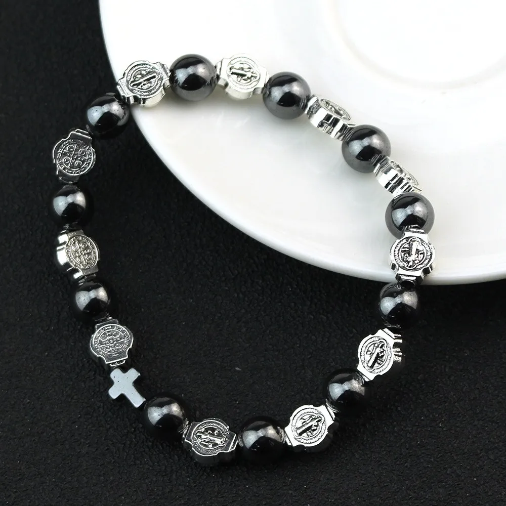 Modisches Katholisches Rosenkranz-Armband St. Benedikt Medaille Kreuz Gebetsarmband Hämatit-Perlen Religiöser Schmuck Accessoires – Detail 11