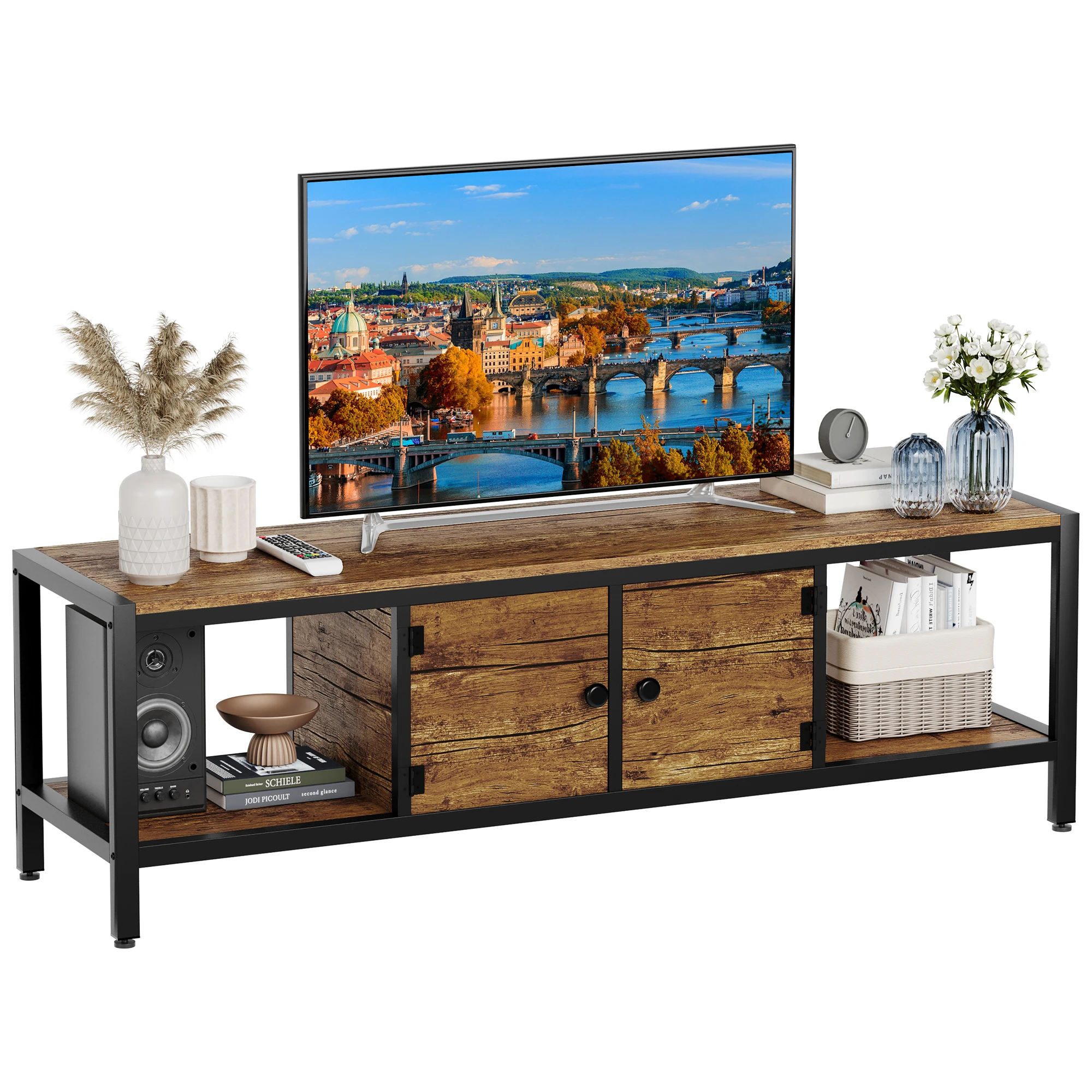 

TV Stand with Storage,Wooden TV Stand for Living Room, Bedroom,Two Closed Storage Spaces and Open Shelves