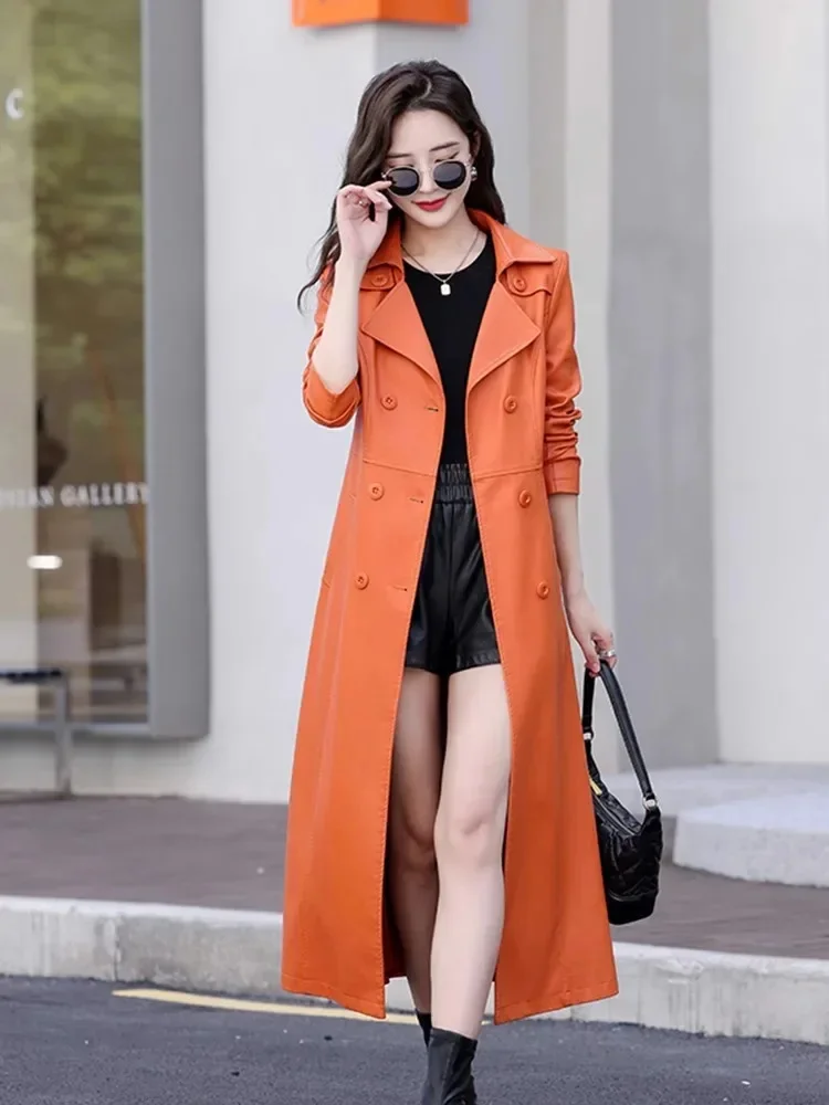 Echte M-7XL Lederjacke Frauen Knie lang 2024 Herbst Winter reine Schaffell weichen Trenchcoat weibliche elegante Leder Kleidung