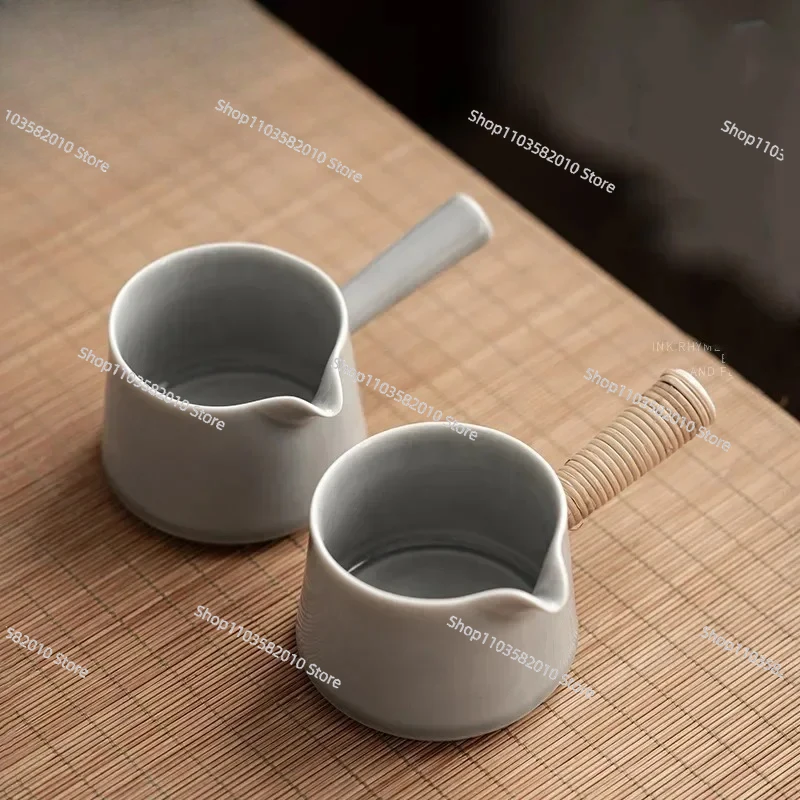 Japanese Style Ice Gray Smoky Gray Glaze Fair Cup, Porcelain Side Handle Tea Mug with Infuser for Tea & Seafood