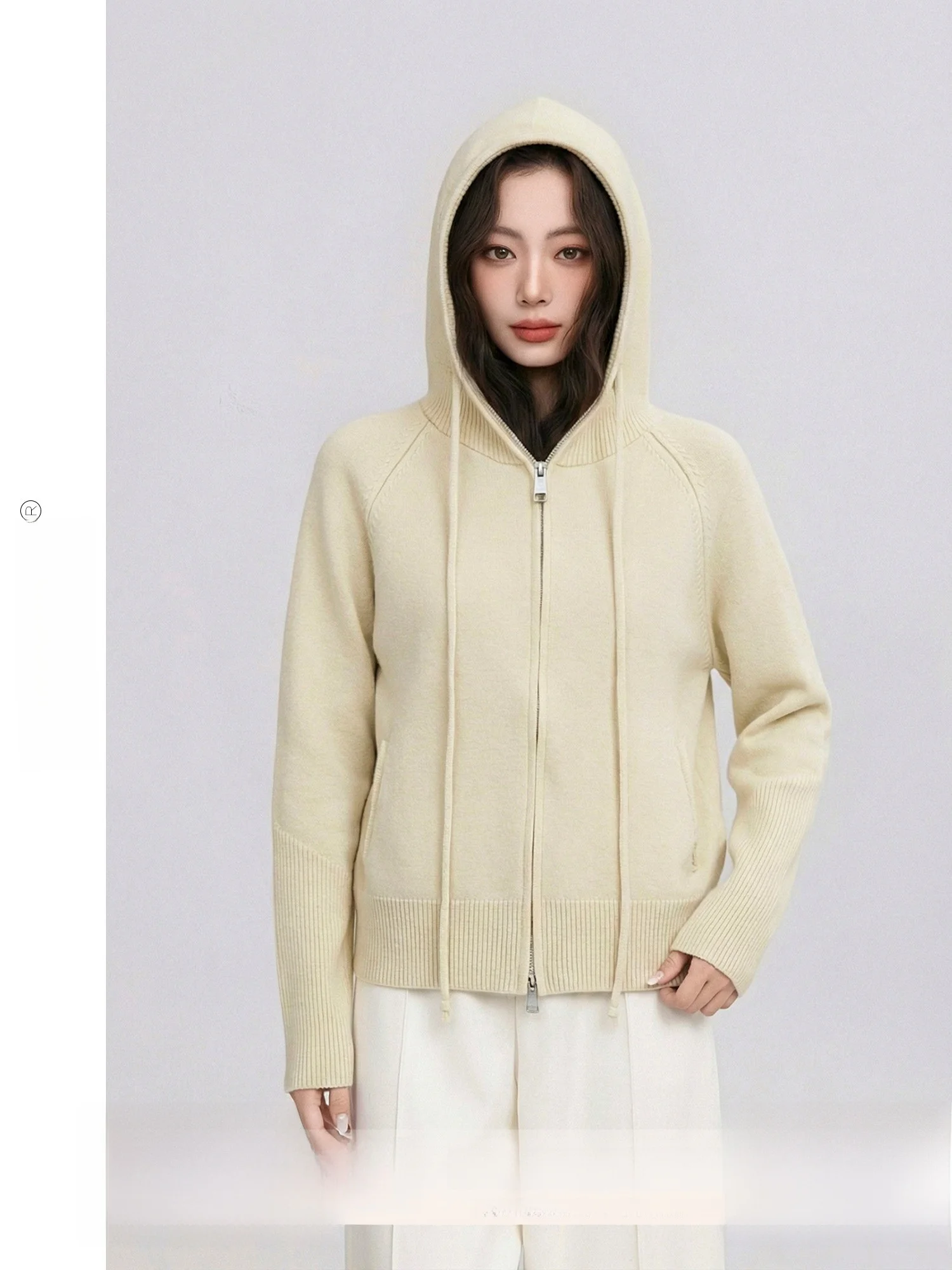 

Champagne Monologue Casual Hooded Sweater Women's Spring New Commute Versatile Open Cardigan Double Zipper Soft Polyester Fiber