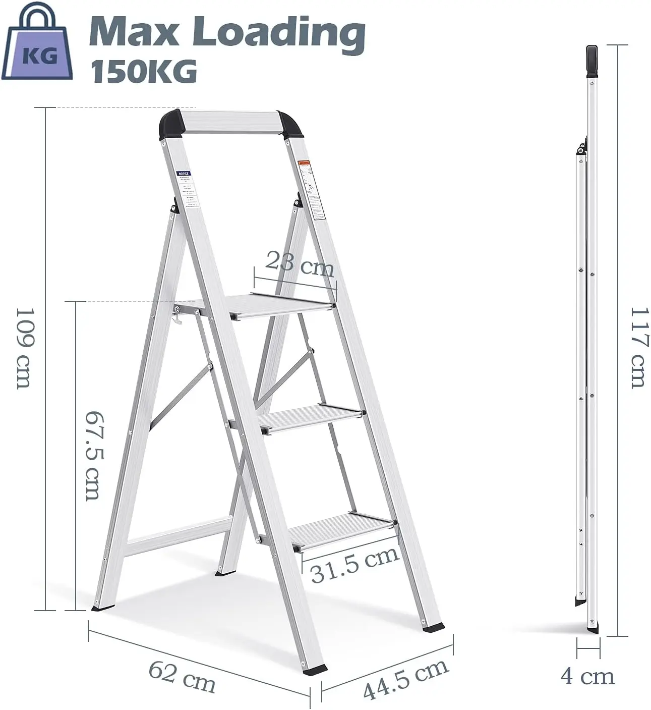 Step Stool for 3 Step, FoldiStep Stool with Aluminum Wide Pedal & Convenient Handgrip, Pass 330lbs Load Testing, Folding Ladder