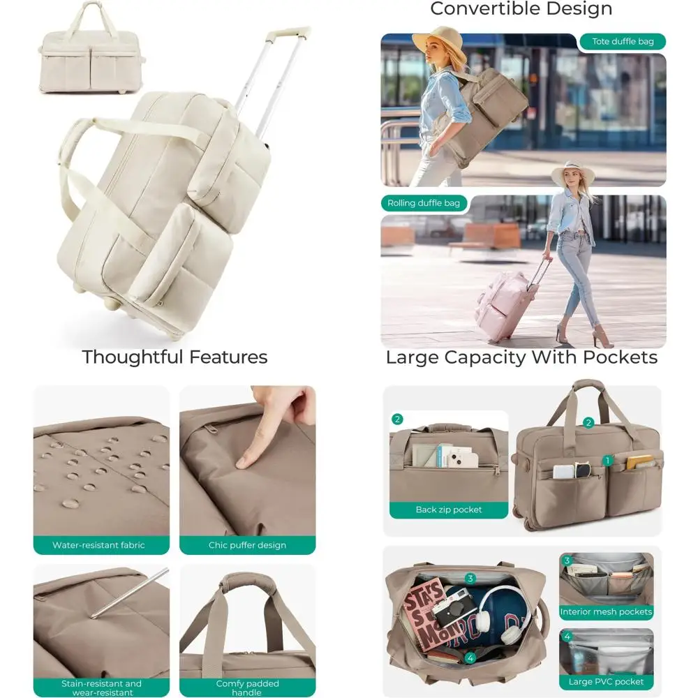 

42L Rolling Duffle Bag with Wheels, Carry-On Travel Bag, Wet Pocket Duffel for Luggage, Large Capacity Tote Bag for Airport Trav