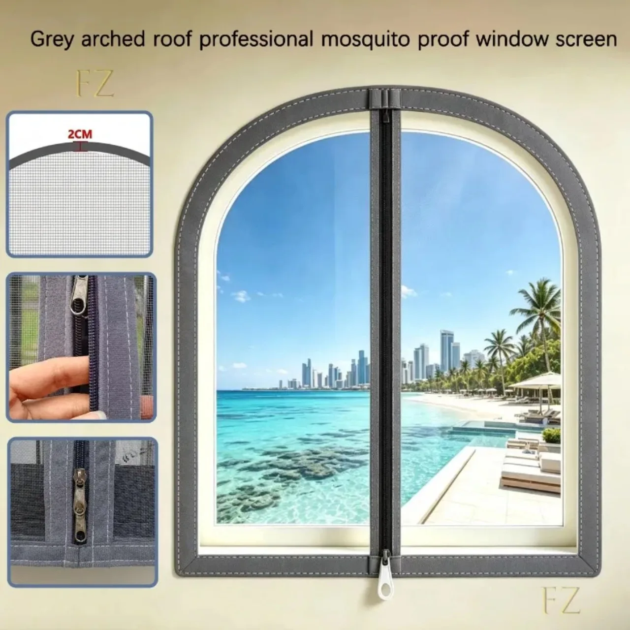 Gray Curved Zipper Opening and Closing Window Arched Semi-Circular Top Nano PP Mosquito Proof Breathable Invisible Screen Window