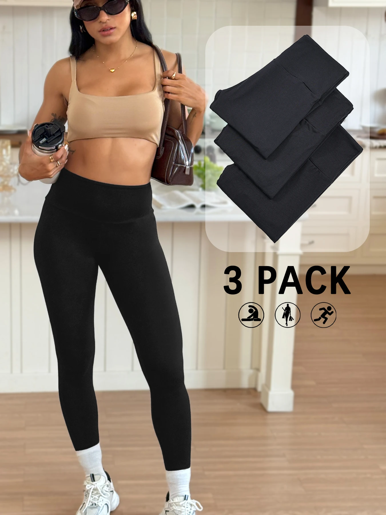 

3 pack Women's High Waisted Leggings with Tummy Control - Super Soft Fabric Ideal for Yoga Running Workout and Relaxing at Home