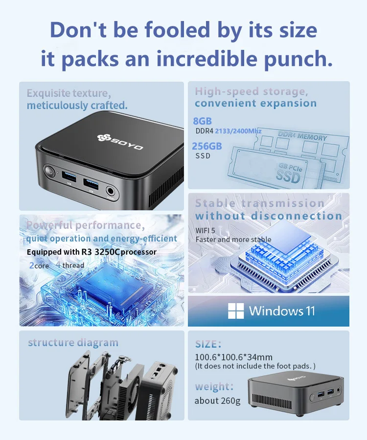 SOYO Mini PC M4 Power AMD Ryzen 3 3250C 8GB DDR4 256GB M.2 SSD Windows 11 Pro Mini Desktop Computer HDMI DP Dual Display RJ45 LAN USB3.0 WiFi BT Compact Mini Host for Home Office Business Daily Working Media Entertainment