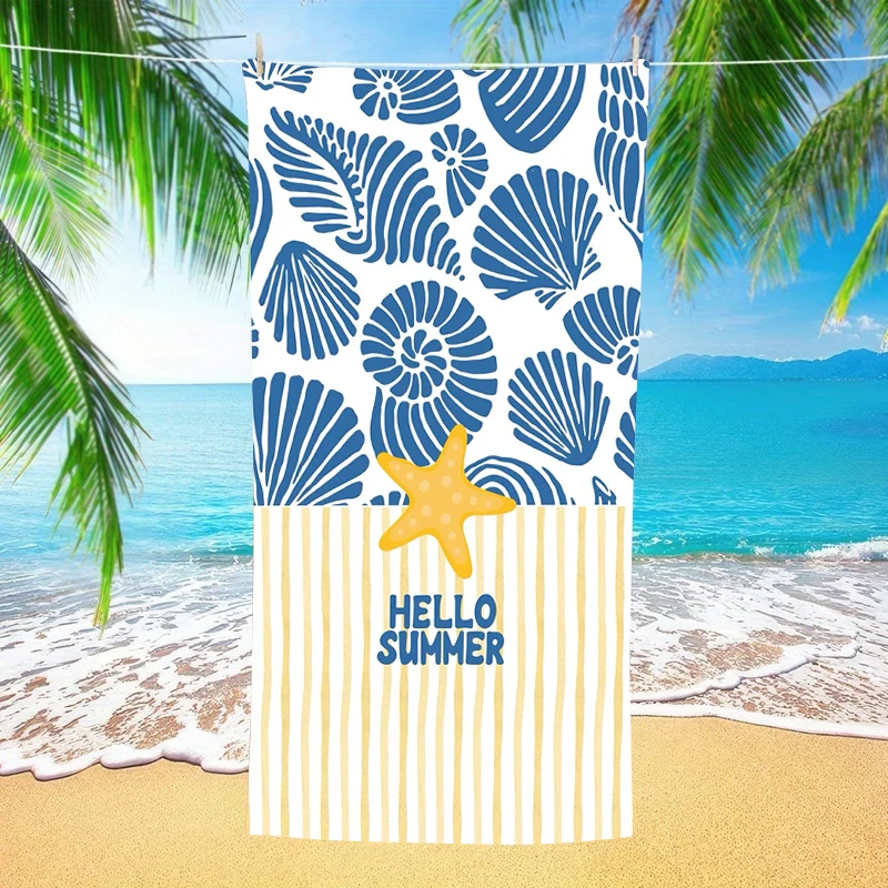 Yellow White Stripe Shell Starfish Beach Towel Hello Summer Theme Quick Dry Microfiber Towel For Summer Pool