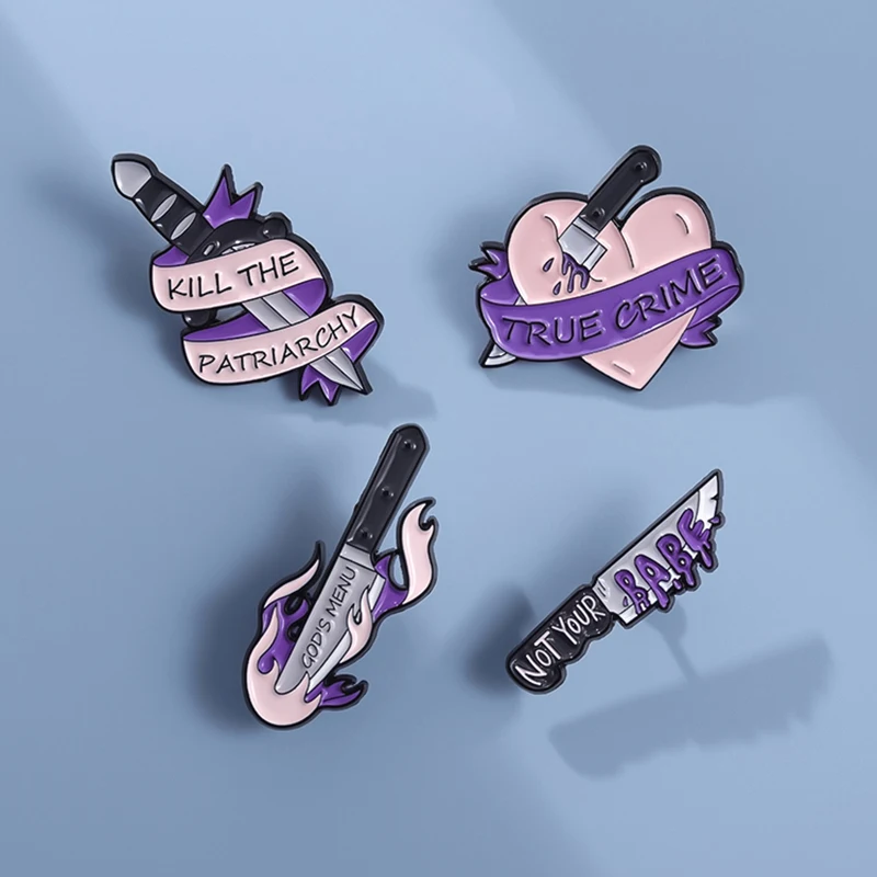 Punk Purple Dagger Enamel Brooch Creative Heart Handknife Kill The Patriarchy Metal Badge Fashion Lapel Pins Jewelry Gifts