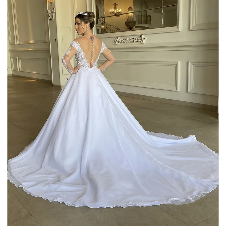 Vestido de novia blanco elegante con cuello redondo y apliques de lentejuelas, vestido de baile sencillo hasta el suelo, cola de barrido, vestido de novia de manga larga 2024