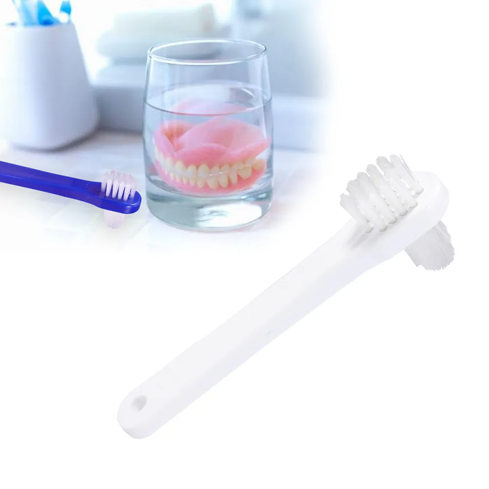 4Pcs Denture Brush False Teeth Dual Headed Toothbrush Cleaning Tool Non Slip Handle Large Small Brush Heads for Thorough Denture