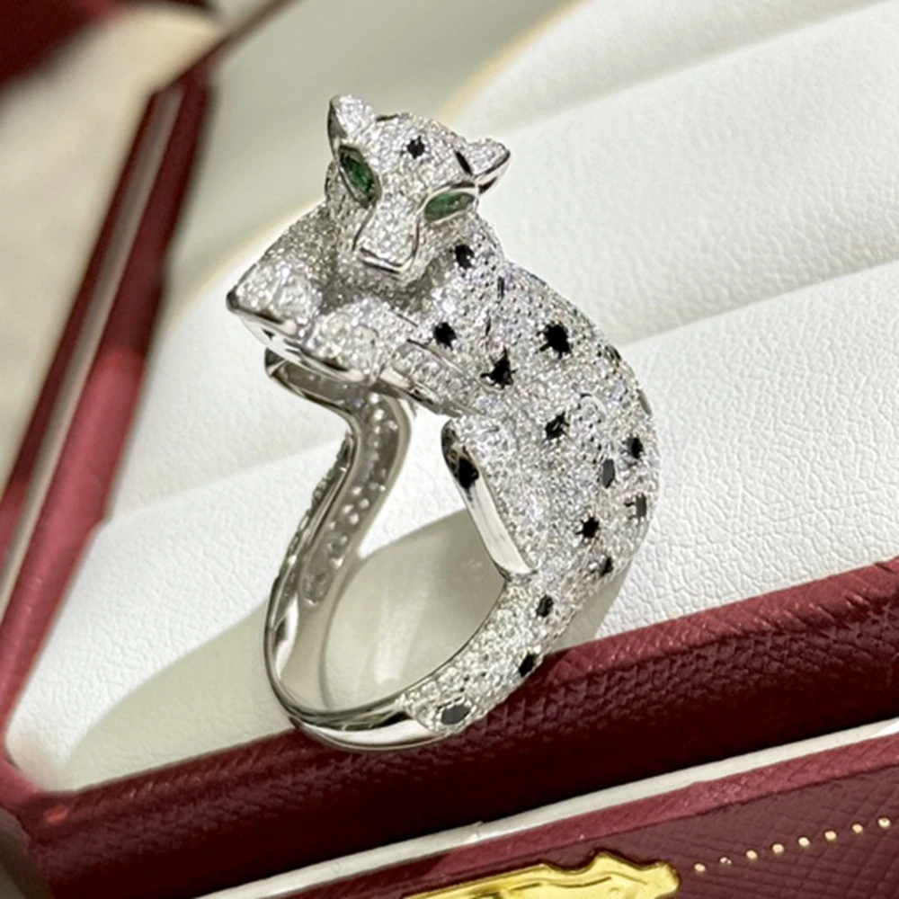 Luxury 925 Sterling Silver Black Enamel Spot High Carbon Diamond Panther Shaped Leopard Open Ring for Man or Woman Fine Jewelri