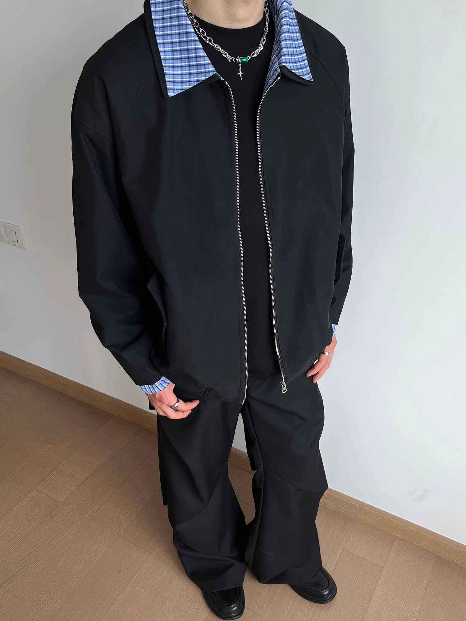 Cleanfit geruite patchwork losse casual ex Jaet jeugd dagelijkse kleding katoenen lange Sve flip-kraag jas voor mannen en vrouwen