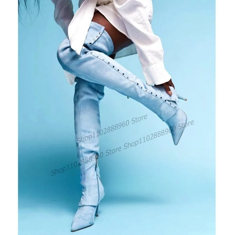 Blue Thigh High Rivet Decor Boots Stilettos High Heel Women Shoes Side Zipper Pointed Toe 2023 Fashionable Zapatos Para Mujere