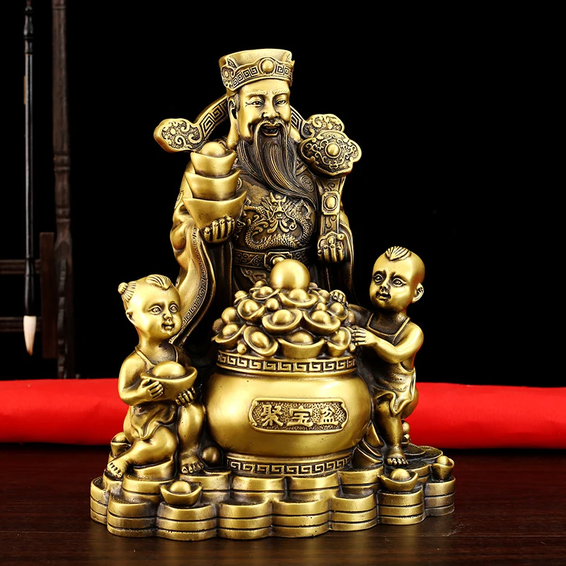 Copper Of Ornament, Exquisitely Crafted Treasure Basin, God Of Wealth With Golden Boy Jade Girl, Home And Office
