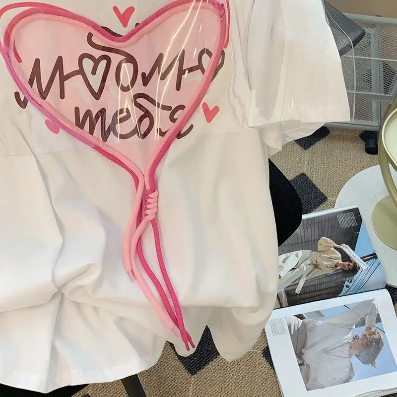 DAYIFUN-Women's Vintage Short Sleeve T-Shirts Versatile Love Print Design Sense Tshirts Round Neck Loose Tops 2024 Summer Tees