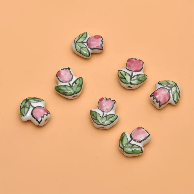 5pcs 16x14mm Hand Painted Flower Ceramic Beads For Jewelry Making Loose Spacer Pink Yellow Ceramics Bead DIY Accessories