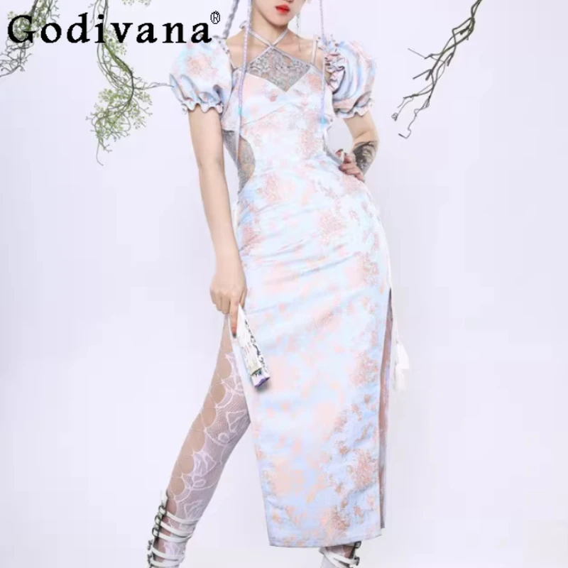 

Spring Summer New Chinese Lace Tassel Sexy Suspender Split Cheongsam Dress Fashion High Waiste Versatile Age-reducing Dresses