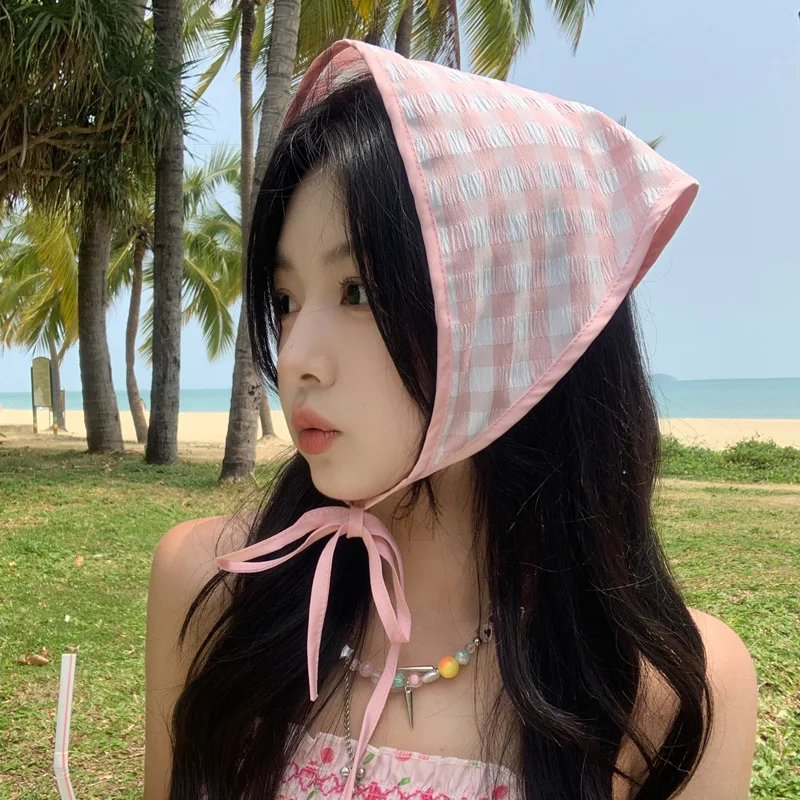 

Pink Plaid Summer Beach e Scarf Women's Headscarf Retro Countryside Sle Sunscreen Trendy Polyester Fiber Ne Warmer
